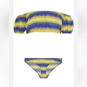 New Lisa Marie Fernandez LEANDRA OFF-THE-SHOULDER STRIPED STRETCH-COTTON BIKINI